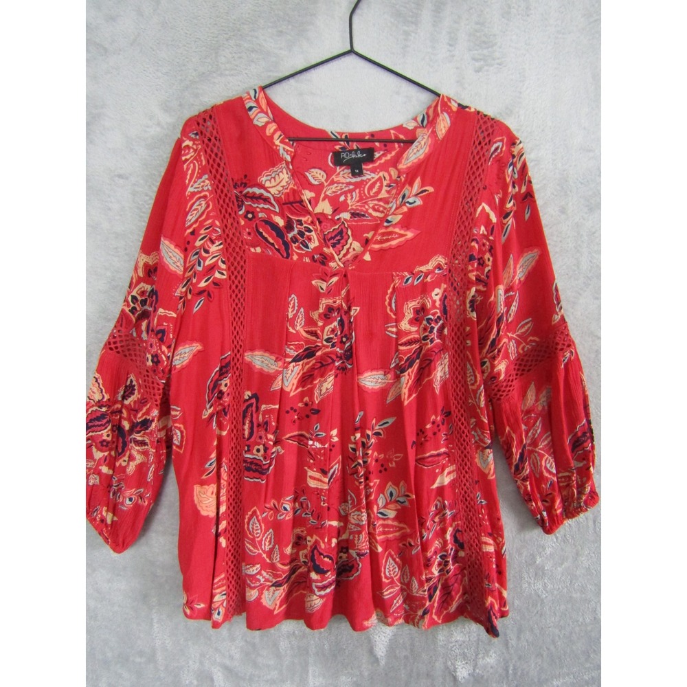 RD KOKO Red Floral‎ Print Lace Inset Peasant Blouse Top 1X